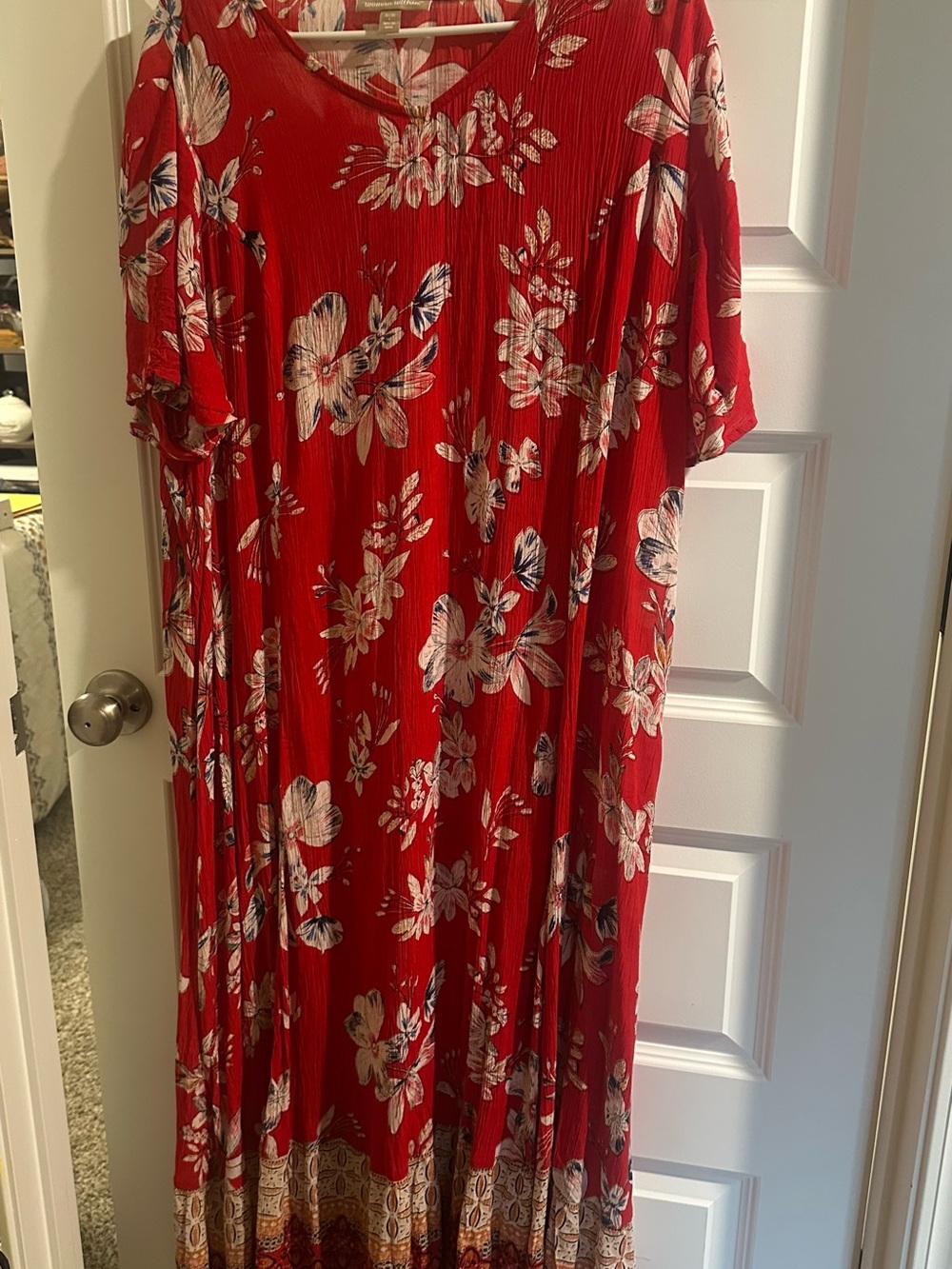Red Floral Maxi Dress with Cream & Navy Accents from Women Within